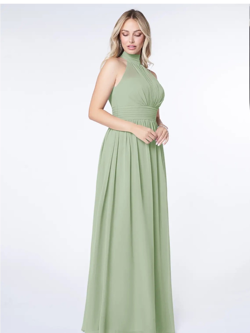 Azazie Sage Green High-Neck Halter Maxi Dress - Picture 3 of 16